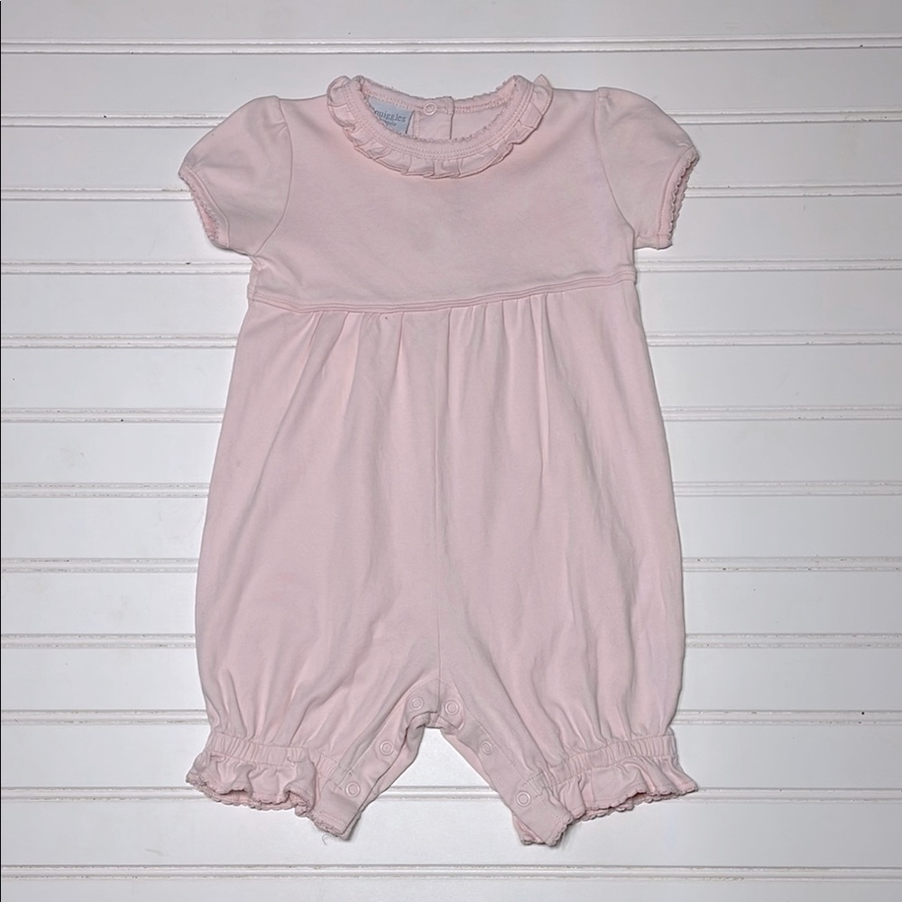 POSH TOTS SQUIGGLES EUC 100% Pima Cotton Girls Blush Pink Ruffle Bubble Romper